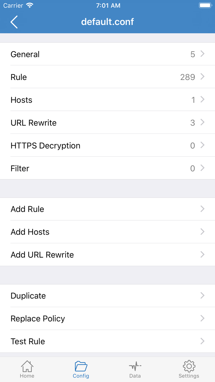 Official Shadowrocket configuration editor showing General, Rule, Hosts, URL Rewrite, HTTPS Decryption, and Add Rule