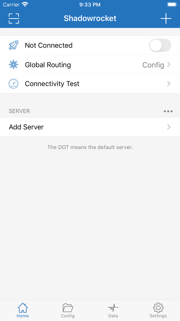 Official Shadowrocket Home screenshot: Not Connected switch, Global Routing, Connectivity Test, and SERVER group